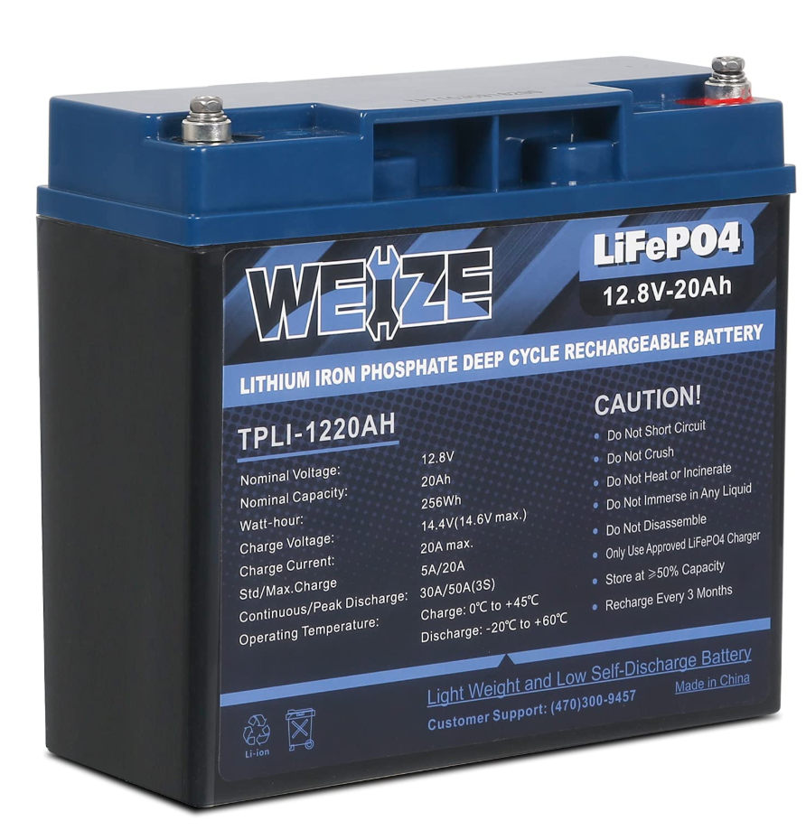 Weize 12V 20Ah LiFePO4 Lithium Battery, 2000+ Deep Cycles, Smart BMS, Perfect for Emergency Lighting, UPS Backups, Wheelchairs, Mobility Scooters, Solar, Riding Lawn Mowers and Wind Generation