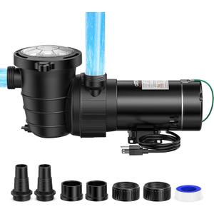 CrestWave 1 HP Above Ground Pool Pump, 5300GPH High Flow Self-Priming Pump, 115V Single Speed, Quiet Energy Efficient w/Large Strainer Basket 1.5", 1.25"-1.5" Adaptors, Fits Pools Spas Irrigation