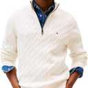 Tommy Hilfiger Men's Lightweight Cable Pullover Quarter Zip Sweater (White, M)