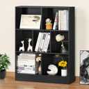 YAHARBO Black 7 Cube Bookshelf,3 Tier Modern Horizontal Bookcase,Wooden Low Book Shelf Display Storage Cabinet with Base,Floor Standing Short Bookshelves Open Organizer for Bedroom,Living Room,Office (80CM)