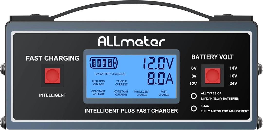 ALLmeter 8 Volt Battery Charger - Smart Fully Automatic 0-14A Maintainer for 8V Golf Cart & Automotive Batteries, Also Charges 6/12/14/16/24V AGM, Gel, Lead-Acid