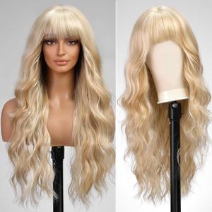 Light Blonde Wigs with Bangs,613 Blonde mixed Long Wavy Wig for Women,Long Curly Synthetic Hair Wig for Party Daily Use 26IN