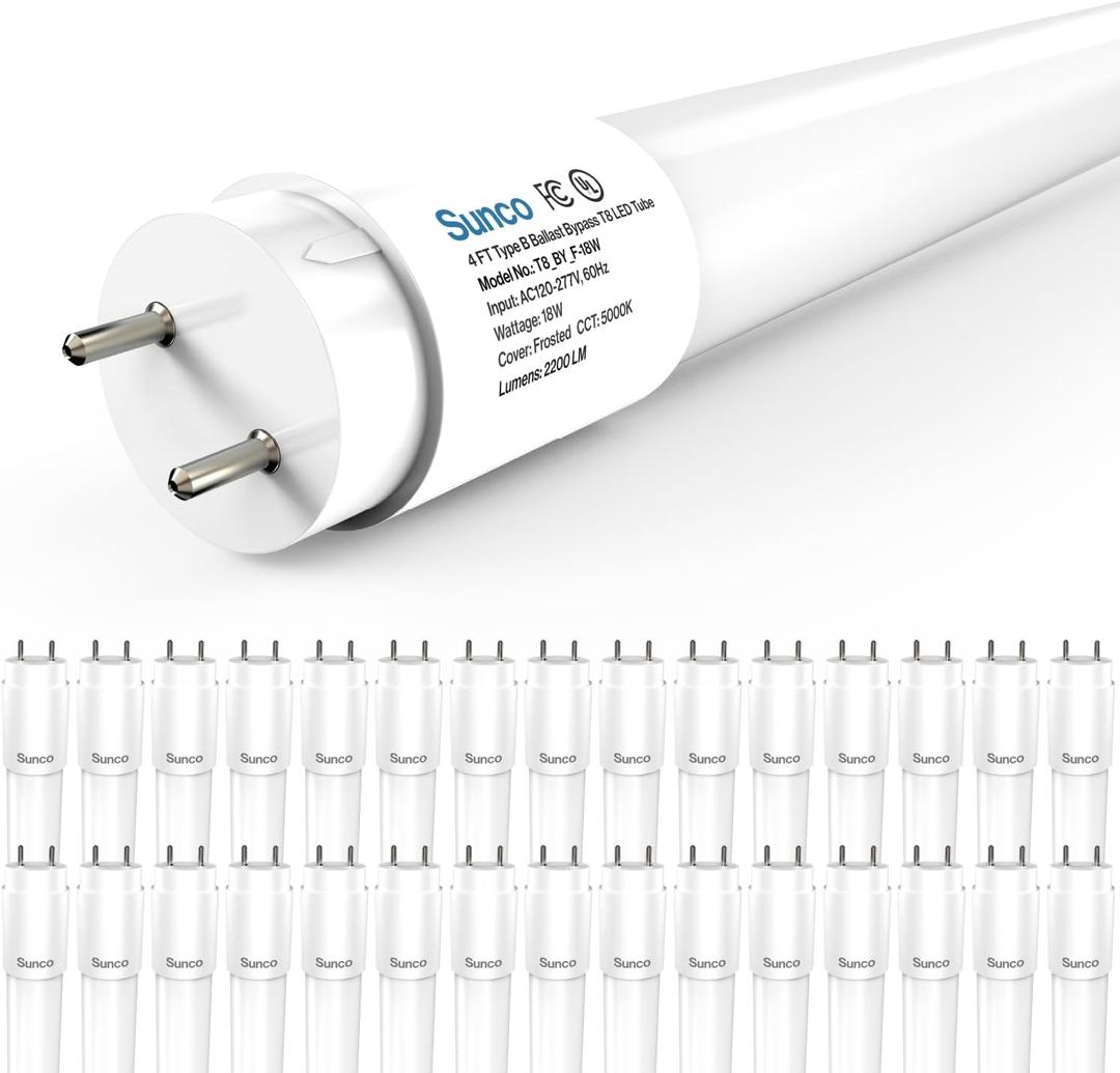 Sunco 30 Pack T8 LED Bulbs 4 Foot, Tube Light Bulbs Ballast Bypass, 48 Inch Fluorescent Replacement, 2200 LM, 18W, 5000K Daylight, Single Ended Power, Type B, Frosted Lens UL