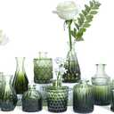 Green Glass Bud Vases Set of 12, Mini Flower Vase for Centerpieces, Small Glass Vases in Bulk for Wedding Decorations, Vintage Vase for Bridal Shower, Party, Recepetion, Home Table Dcor