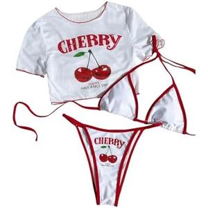 SHENHE Women's 3 Piece Cherry Swimsuits Y2k Triangle Halter Thong Bikini Set with Cover Up S