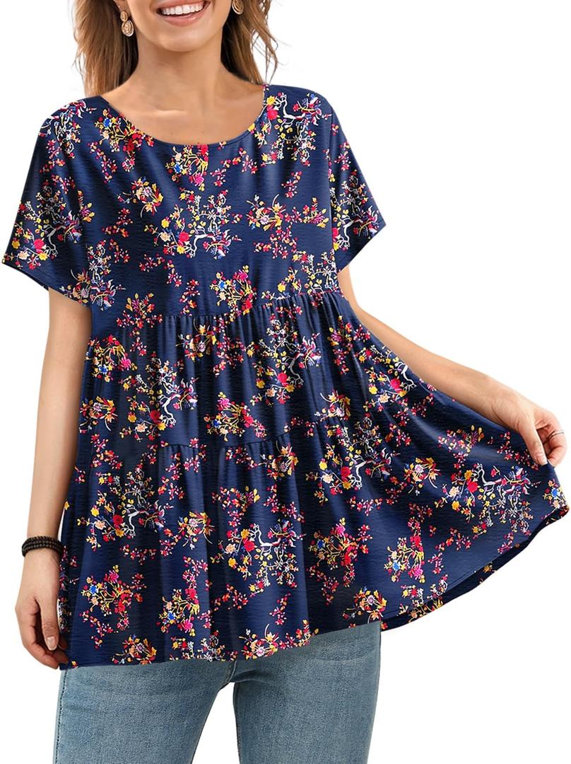 YESNO Women's Casual Short Sleeve Shirts Summer Floral Loose Tiered Swing Tunics Tops Blouses BEL (L)