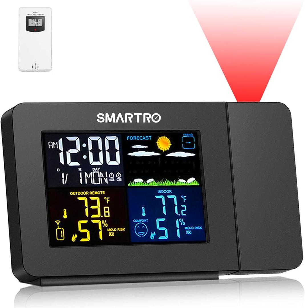 SMARTRO SC91 Projection Alarm Clock for Bedrooms with Weather Station, Wireless Indoor Outdoor Thermometer, Temperature Humidity Monitor Gauge Hygrometer