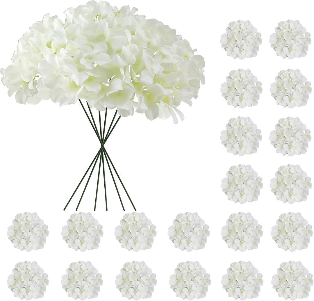 20 Pcs White Hydrangea Artificial Flowers Bulk, Faux Hydrangea Flowers Heads, Artificial Fake Silk Hydrangea Flowers with Stems, White Flowers Artificial for Decoration Wedding Dcor