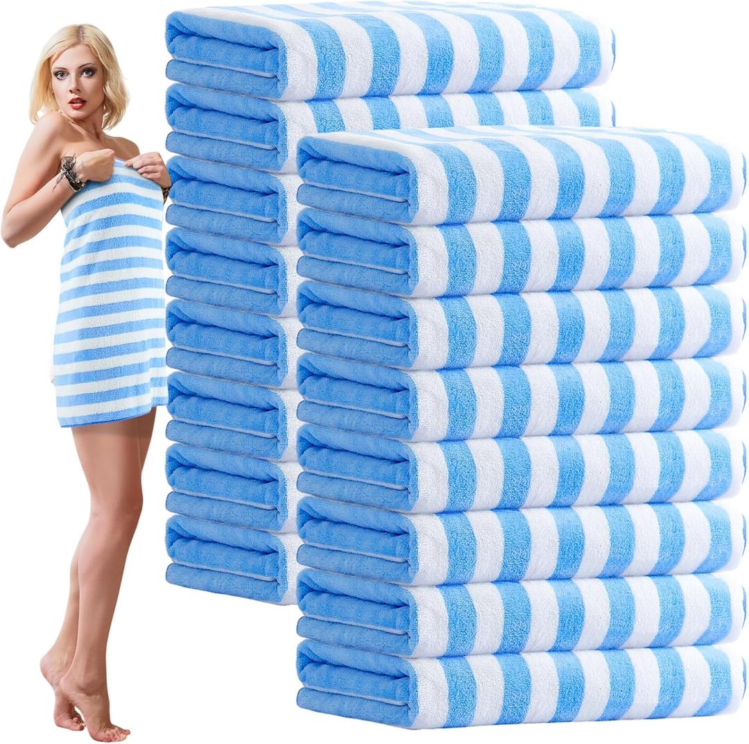 SmoothNovelty 16 Pack Microfiber Bath Towels Bulk 27'' x 60'' Oversized Size Bath Towel Highly Absorbent Extra Large Soft Drying for Beach Shower Summer Salon Sport Gym Party (Stripes,Light Blue)