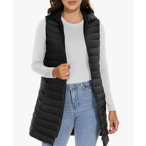 ELFJOY Long Puffer Vest Women Lightweight Down Vest with Hood Winter Warm Womens Vests Outerwear Sleeveless Puffer Jacket,S