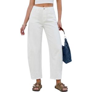 GRAPENT Barrel Jeans for Women Cropped Trendy High Waisted Baggy Side Seamed Casual Stretchy Denim Pants Wide Leg Jeans  Cream White, M, US Size 8 to 10