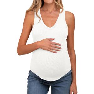 Tankaneo Womens Maternity Tank Tops Sleeveless V Neck Ribbed Knit Shirts | Summer Casual, Curved Hem Pregnancy Clothes, Fitted (White, L)