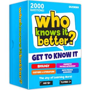 QUOKKA Board Games for Kids 8-12 and Family - Set of 4 Who Knows It Better? - 2000+ Questions Across Biology, Culture, STEM and Math - Educational Trivia Cards for Learning and Game Night