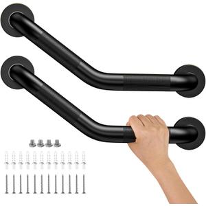 16 Inch Angled Shower Grab Bar Black, Munzong 2 Pack Anti Slip Bathroom Grab Bar, Knurled Bathroom Balance Bar,Safety Hand Rail Support Handicap Elderly Injury Senior Assist Bath Handle-1.25 Tube
