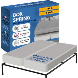 Greaton, Box Spring Bed Base Full Size, 8-Inch Wood Mattress Foundation  Amish Made in USA  Quiet Noise Free, 2-Pieces Under Mattress-Support BoxSpring, Fully Assembled, White.