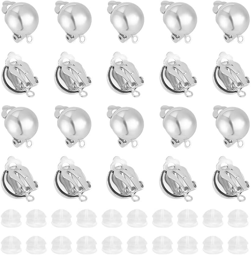 UNICRAFTALE 30Pcs Half Round Brass Clip-on Earring Findings with Loops 30Pcs Ear Nuts for Non-Pierced Ears Platinum Clip-on Earring Findings Converter Component for Earring Making (Stainless Steel Color)