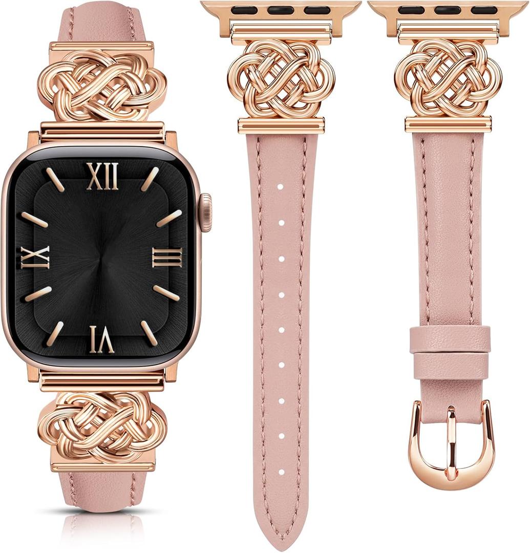 Minyee Celtic Knot Leather Band Compatible with Apple Watch Band 41/40/38/44/45/46/49/42mm Women, Slim Thin Dressy Premium Leather Adjustable Strap for iWatch Series 11 10 9 8 7 6 5 4 SE/Ultra 3 2 1 (Pink/Rose Gold)