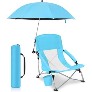 Lineshading 1 Pack Low Beach Chair with Umbrella for Adult, Lightweight Backpacking Folding Recliner Chairs with Carry Bag for Summer Beaches Tent Camping Picnics Barbecues Travel Outdoor (Blue)