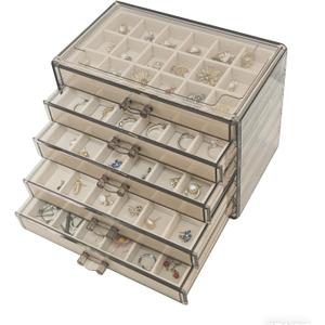Acrylic Earring Holder Organizer with 5 Drawers Clear Earring Organizer Box with 90 Adjustable Grids Velvet Earring Display Case Jewelry Organizer for Earrings Rings Studs (Brown Beige)