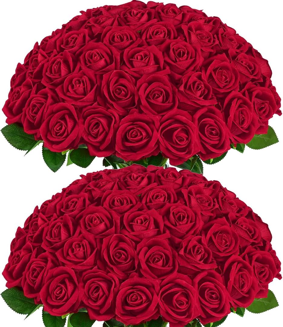 BLEUM CADE 50 Pcs Red Roses Artificial Flowers, Real Touch Velvet Roses Fake Flowers Bulk, Artificial Roses Bouquet with Long Stems Bridal DIY Wedding Party Centerpiece Decorations