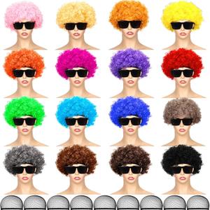 Lyrow 16 Pack Neon Clown Wig Fluffy and Sunglass Set Colorful Hair Wig Disco Afro Hippie Wigs Synthetic 70s 80s 90s Wig Cap with Sunglass Cosplay for Men Women Mardi Gras Party Costume Supplies