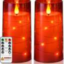 Homemory Flameless Candles with Embedded Star String Fairy Lights, Battery Operated Candles, LED Candle, Fake Candles with Remote Control and Timer, Red, Set of 2(H 6" 6")