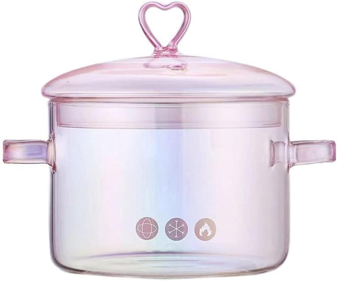 Pink Glass Saucepan with Lid and Handle, 1.5L/50oz Glass Cooking Pot, Glass Cooking Saucepan Safe for Pasta Noodle, Soup, Milk, Baby Food