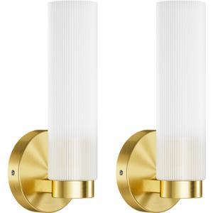 TETOTE Brushed Gold Wall Sconces Set of Two Modern Bathroom Wall Light Fixtures Farmhouse Wall Lights with Frosted Glass Shade for Mirror Bedroom Living Room (2 Packs)