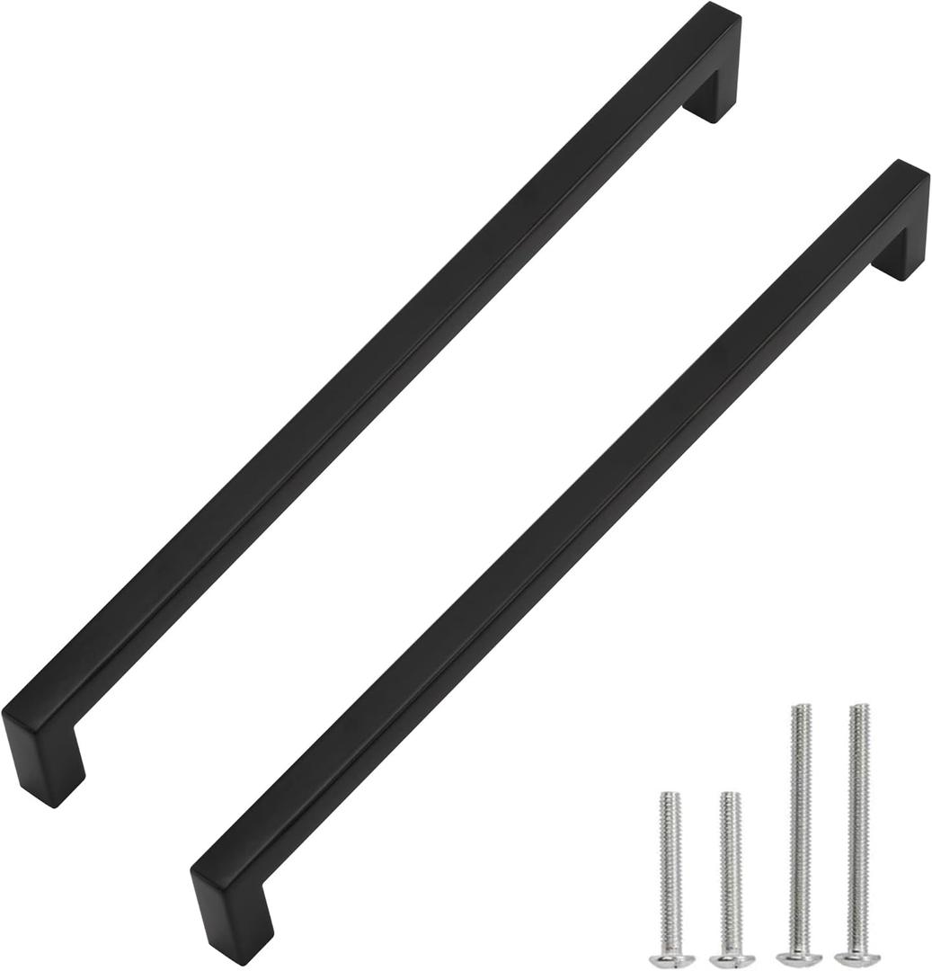 Matte Black Square Drawer Pulls, 2 Pack 12-3/5 Inch Stainless Steel Kitchen Cupboard Handles, 320mm Hole Centers