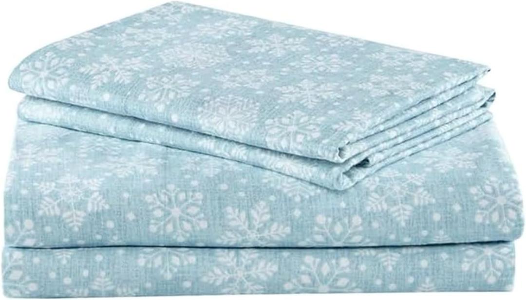 Comfort Spaces Cotton Flannel Sheets Full Size, Ultra Soft Flannel Sheet Set with 12" Elastic Pocket , Novelty Print Warm Flannel Bedding, Blue Snowflakes 4 Piece