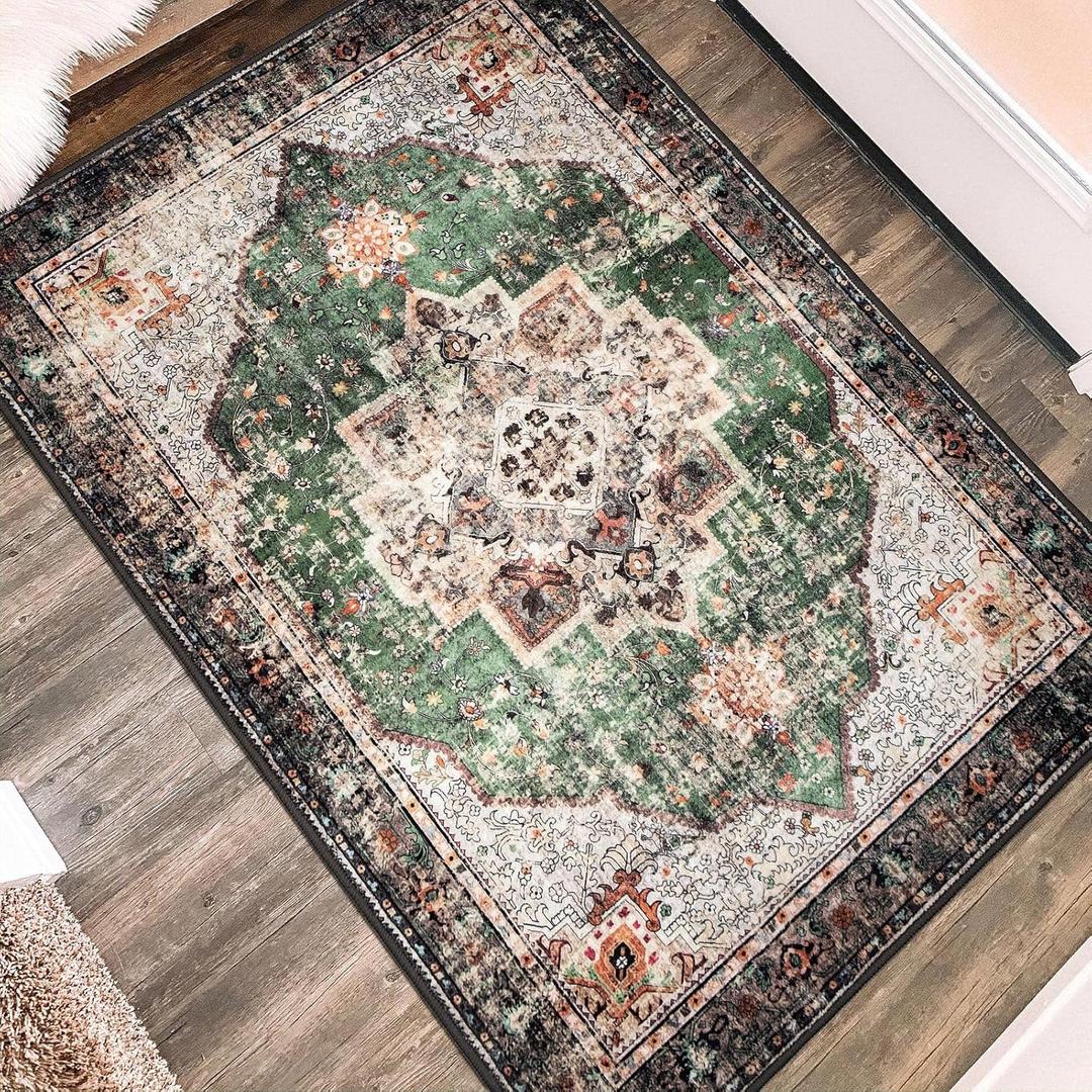 2x3 Small Rugs for Entryway, Green Boho Area Rug for Bathroom Throw Hallway Vintage Kitchen Rugs Non Slip Washable, Indoor Entrance Floor Carpet