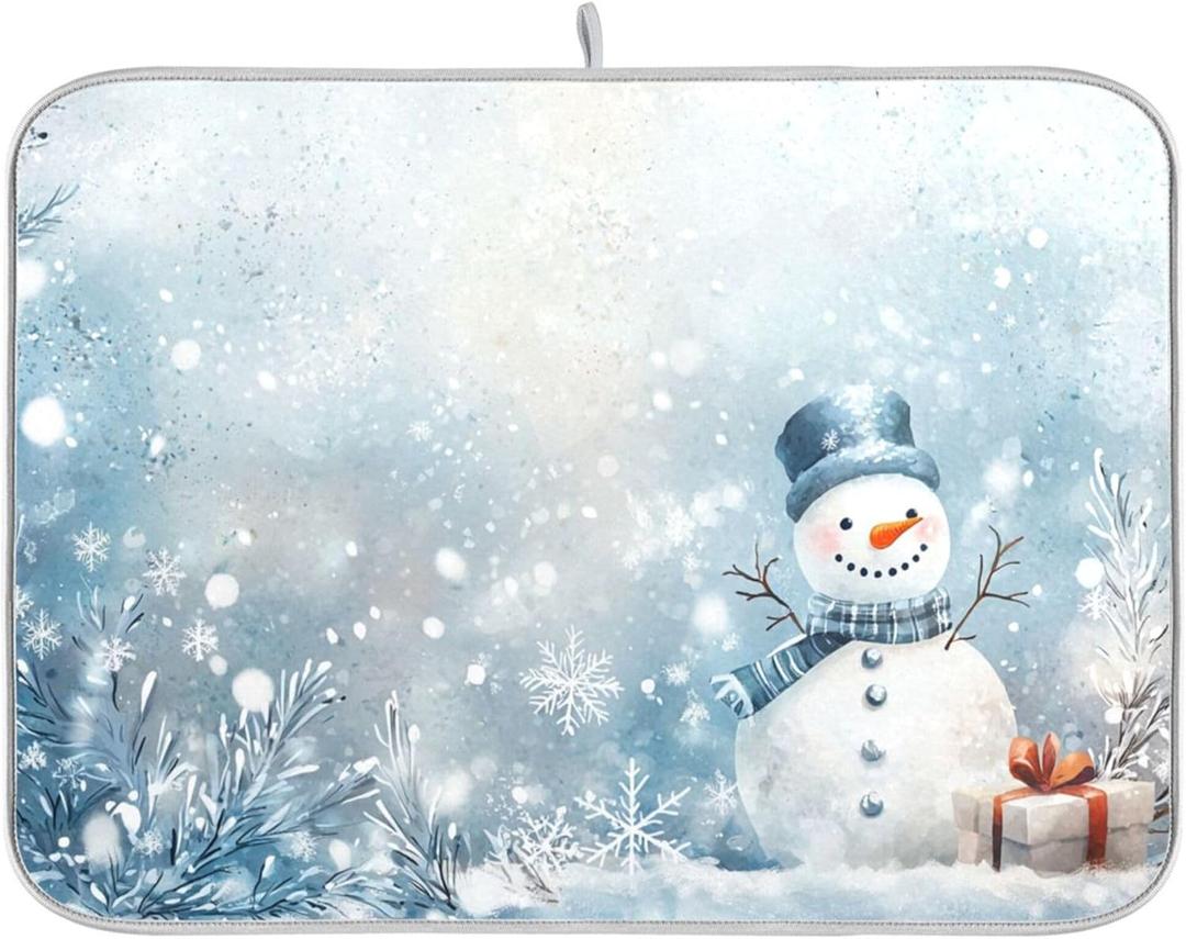 Winter Snowman Silver Dish Drying Mat for Kitchen Countertop 18x24 Christmas Snowflake White Xmas Large Drying Mat Reusable Quick Dry Dish Sink Mats Easy Clean Decorative Essentials