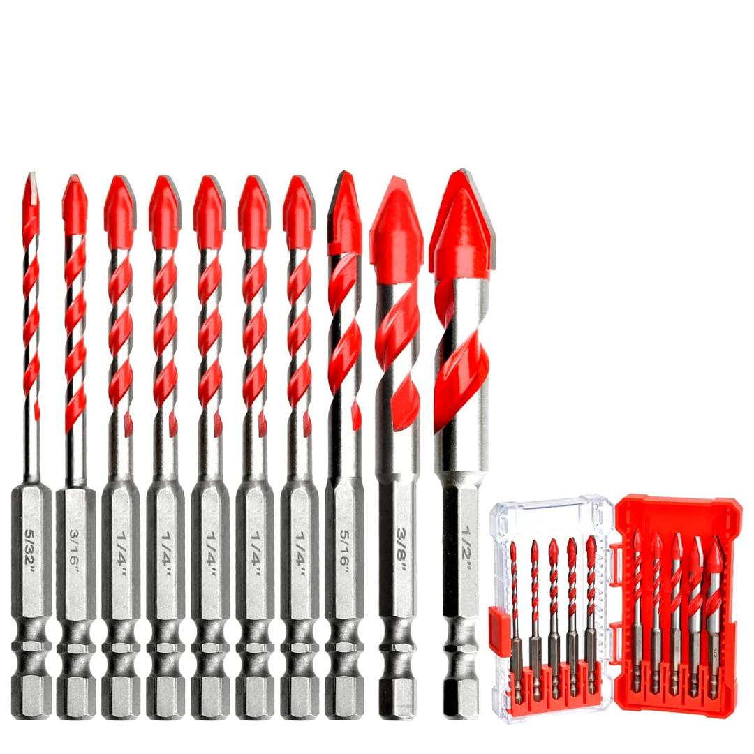 ANGELSWORD 10 PCS Eccentric Masonry Drill Bit Set, Hex Shank, Concrete Drill Bit Set, 5/32"- 1/2", for Glass/Brick/Concrete/Stainless Steel/Iron/Wood/Tile/Marble