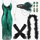 7 Pcs 1920s Women's Flapper Dress Sequin Dress Costume Headwear Earring Necklace Glove Stick Set and Long Feather Boa