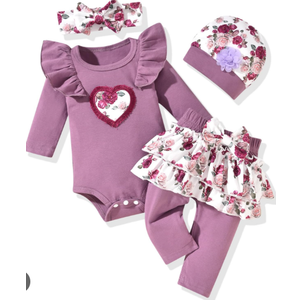 fioukiay Newborn Baby Girl Clothes Infant Girls Floral Love Printed Romper and Ruffle Pants Sets 4pcs Winter Fall Outfits, 3-6M
