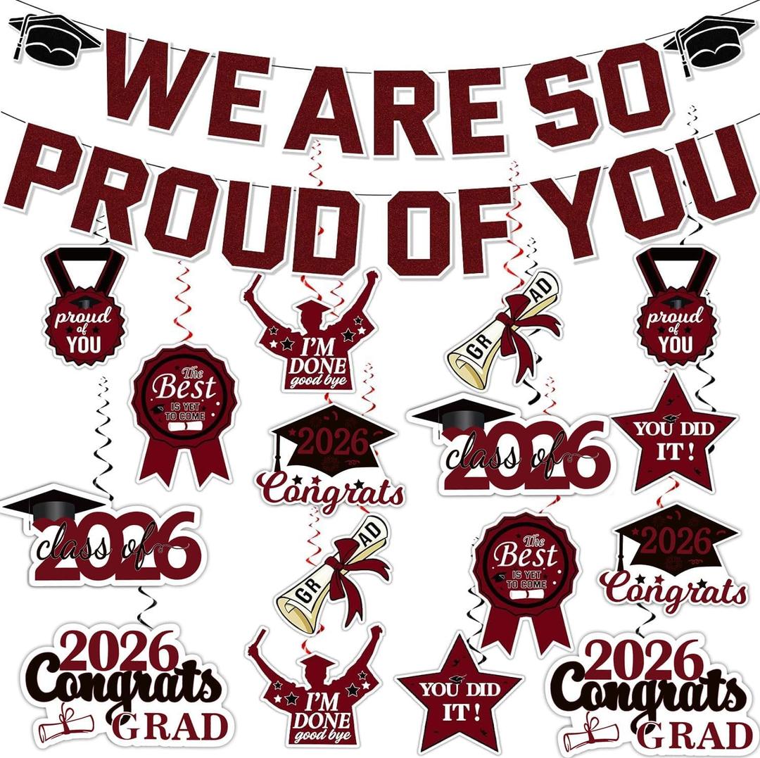 Pre-Strung Red and Black Glitter We are So Proud of You Graduation Banners, 2026 Graduation Hanging Swirls for Congratulation Graduations Party Supplies