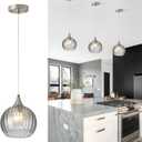 Brushed Nickel Pendant Lights Kitchen Island, Globe Pendant Light Fixtures with 8 Inch Clear Glass Shade, Modern Hanging Light Fixtures for Kitchen, Bedroom (1 Pack - Gray Glass Pendant Light)
