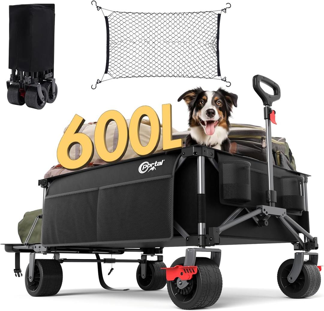 PORTAL 26" Extra Wide 55" Long Foldable Wagon with Tailgate, Large 600L Collapsible Wagon with Cargo Net, 400 LBs Heavy Duty Utility Cart with Big All-Terrain Wheels for Beach, Camping, Sports, Dogs