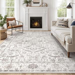Area Rugs 9x12 for Living Room - Washable Soft Large Vintage Rug Non-Slip Stain Resistant Traditional Stain Resistant Indoor Floor Low Pile Carpet for Bedroom Dining Room or Home Office - White