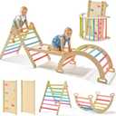 Tiny Land Pikler Triangle Set, 7-in-1 Foldable Pikler Triangle Climbing Toys Set for Kids,Baby Indoor Playground Jungle Gym, Wooden Montessori Climbing Set for Toddler (Rainbow), Standard
