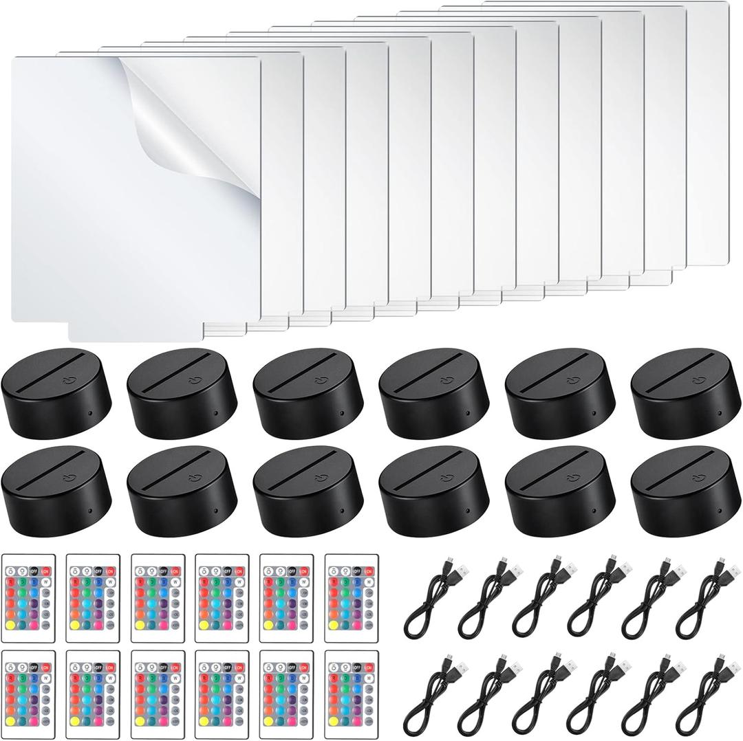 Riakrum 48 Pcs/12 Sets Acrylic Night Lights Clear Acrylic Sheets and 3D Night LED Light Lamp Base with Remote Control USB Cable, DIY LED Lamp Set for Restaurant Bar Cafe Room Decor(Rectangular)
