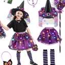 Witch Costume for Girls Aged 3-8 Years Halloween Light Up Skirt with Broom Hat Treat Bag Kids Toddler Girls Dress Up (Purple)