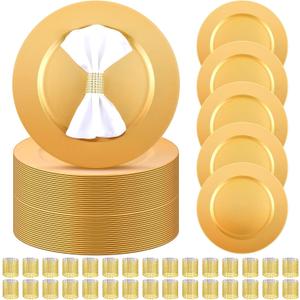 Tanlade 100 Pcs Charger Plates Set Bulk Include 50 Plastic Plate Chargers and 50 Napkin Rings 13" Round for Dinner Table Setting Wedding Baby Shower Decoration(Gold)