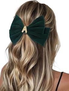 Initial Velvet Hair Bow Clip, Personalized Hair Accessories for Women, Girls & Kids, Gift for Weddings, Birthdays, Christmas(Dark Green, A)