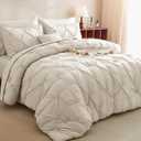 CozyLux Beige Comforter Set Queen 7 Pieces Bed in A Bag Cream Off White Pintuck Comforters Queen Size Pinch Pleat Bedding Sets with All Season Comforter, Flat Sheet, Fitted Sheet and Pillowcases&Shams