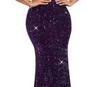 dasmzper Women Sexy Sequin Off Shoulder Ruffle Short Sleeve Bodycon Mermaid Party Formal Evening Maxi Dress (Purple) XXL
