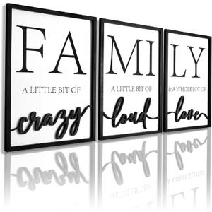 3D Wood Family Wall Decor, 36" x 16" Framed Family Sign Wall Art, 3D Pictures for Living Room (Ready to Hang, 12x16 inches, Set of 3, Framed)