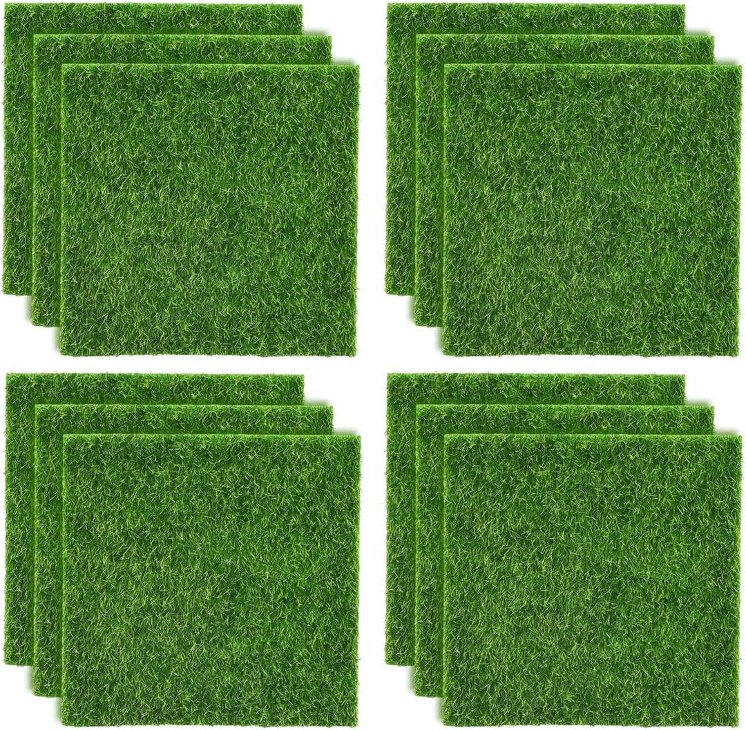 Shindel 12 Packs Fake Grass Decor for Crafts, 6" x 6" Fairy Artificial Grass for Miniature Garden, Dollhouse Ornament DIY Decoration (Meadow Green)