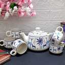 Hand-Painted Ceramic Morning Tea Kettle Set with 6 Cups (150ml) and 1 Kettle (900ml) Set of 7 - Ideal Gift for Friends & Relatives. Blue and White.