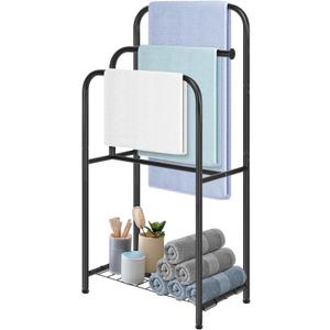 HarJue Towel Racks for Bathroom, 35" H Standing Towel Holder 3 Tier Metal Pool Towel Hanger Outdoor Floor with Storage Shelves for Blanket Bath Towel Drying (Matte Black)